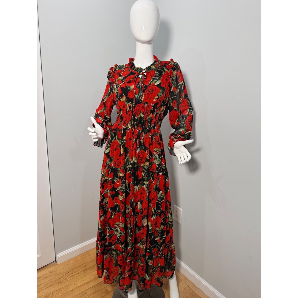 Tuleen Red Rose Floral Maxi Dress Smocked Waist Long Sleeve Boho XL - Picture 3 of 10